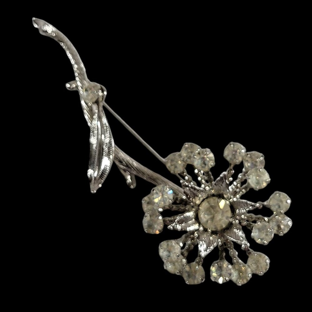 Vintage Clear Rhinestone Crystal Flower Brooch Pin Large Bar Clasp Silver Tone